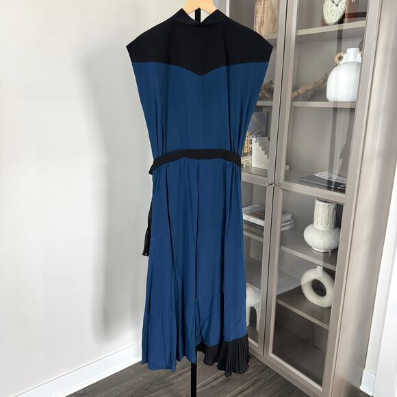 Givenchy Silk Wrap Midi Dress NEW Color Block Blue Black Pleated Ruffle 40 Small - Picture 3 of 8
